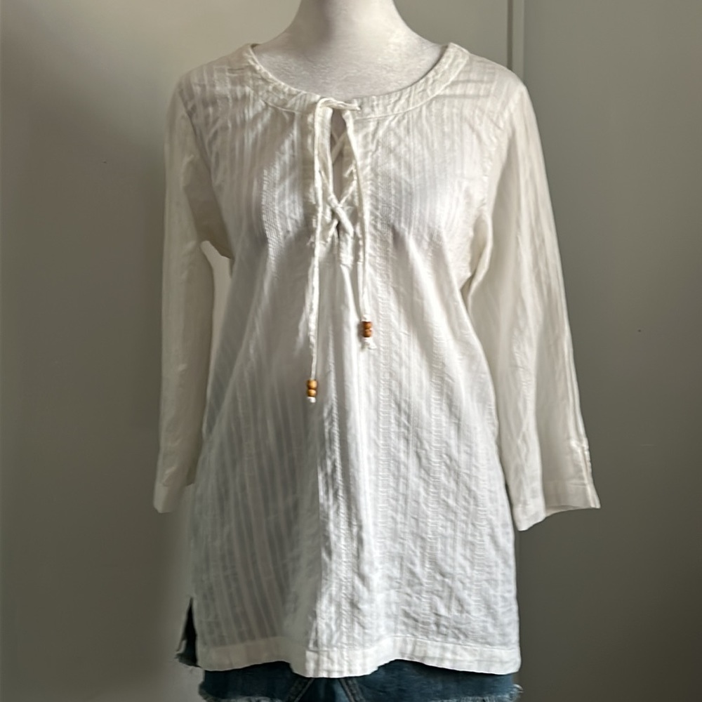 Columbia Women’s Casual Boho Pullover Textured 3/4 Sleeve Split Tie Neck Blouse - Picture 3 of 11